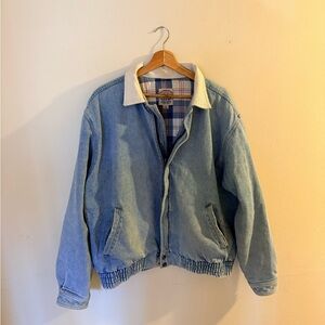 VINTAGE Rare Levi's Light Denim Plaid-Lined Bomber Jacket w/ Cord Cream Collar